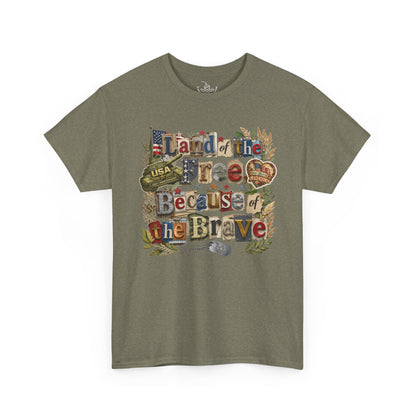 USA 250th Anniversary Land of the Free Because of the Brave T-Shirt | Patriotic Fourth of July Scrapbook Collage Design