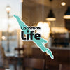 Lacamas Life sticker with black text on a turquoise map shape.