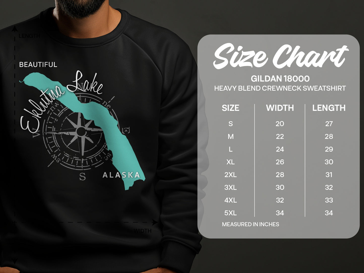 Sweatshirt with Eklutna Lake Alaska graphic and Gildan size chart.