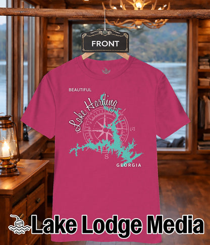 Pink t-shirt with a compass rose and Lake Harding map in teal.
