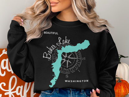 Black sweatshirt with Baker Lake Washington map and compass graphic.