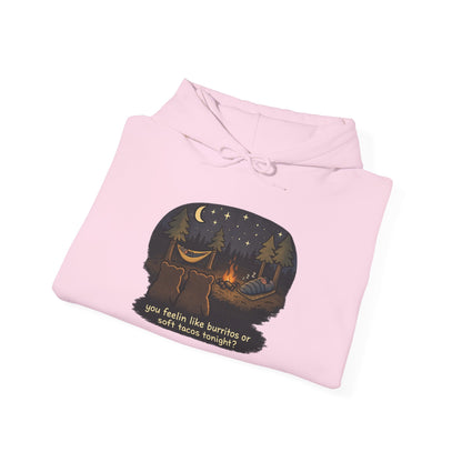 Campfire Bears Humor Hoodie, People in Sleeping Bags are Bear Burritos and Tacos Joke, Camping Hiking Smores Bonfire Apparel