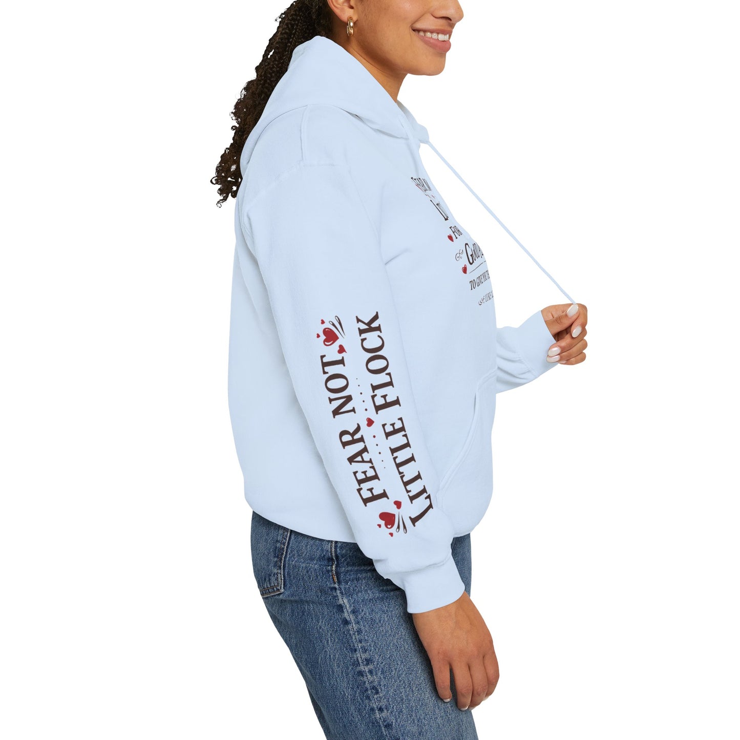 Fear Not Little Flock Hoodie with Printed Sleeves | Luke 12:32 Scripture Heart Design Bible Verse Gift | Share your faith