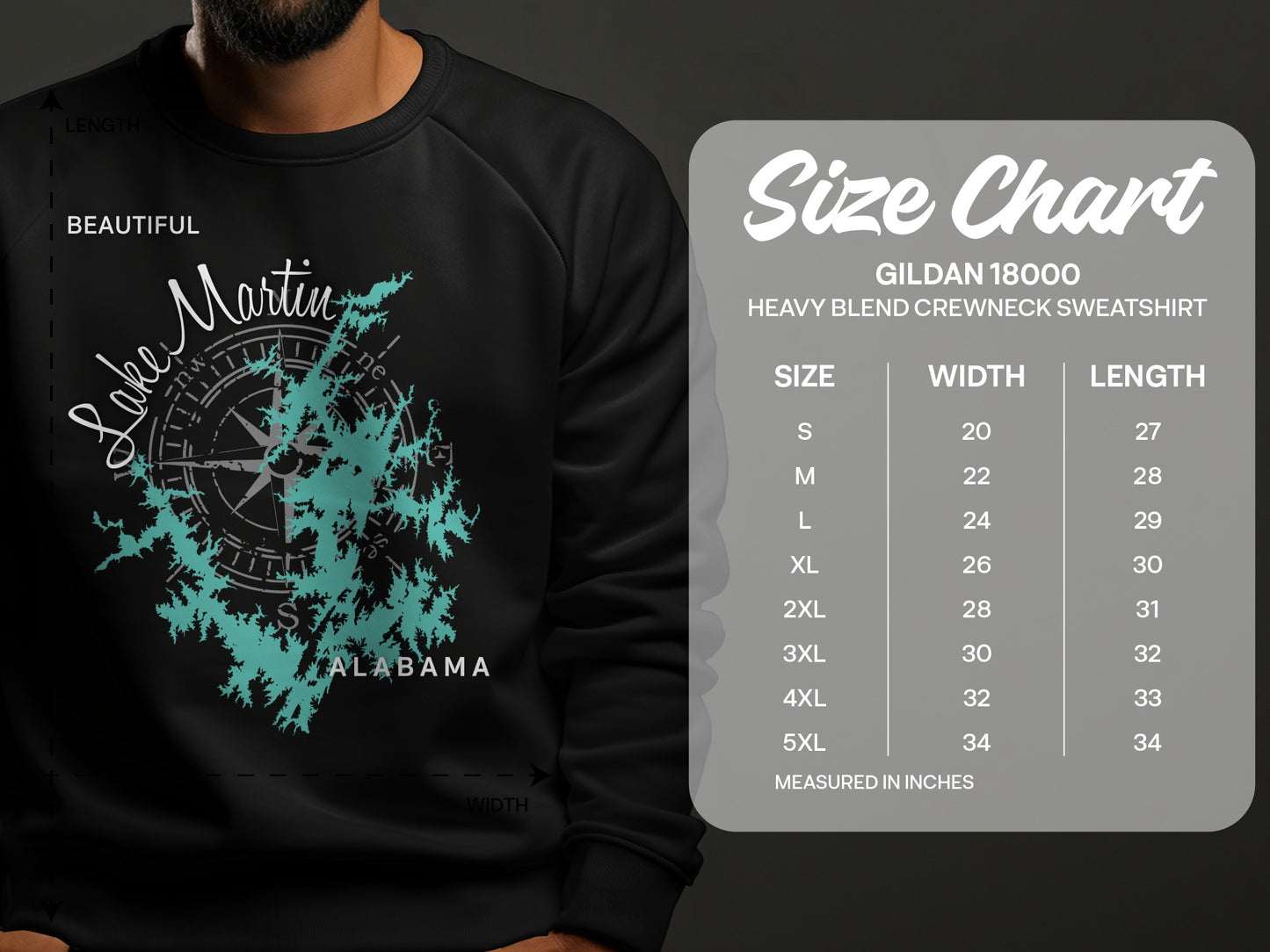 Crewneck sweatshirt with Lake Martin, Alabama map graphic and size chart.
