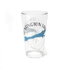 Glass with Huntington Lake map and compass graphic, California text.