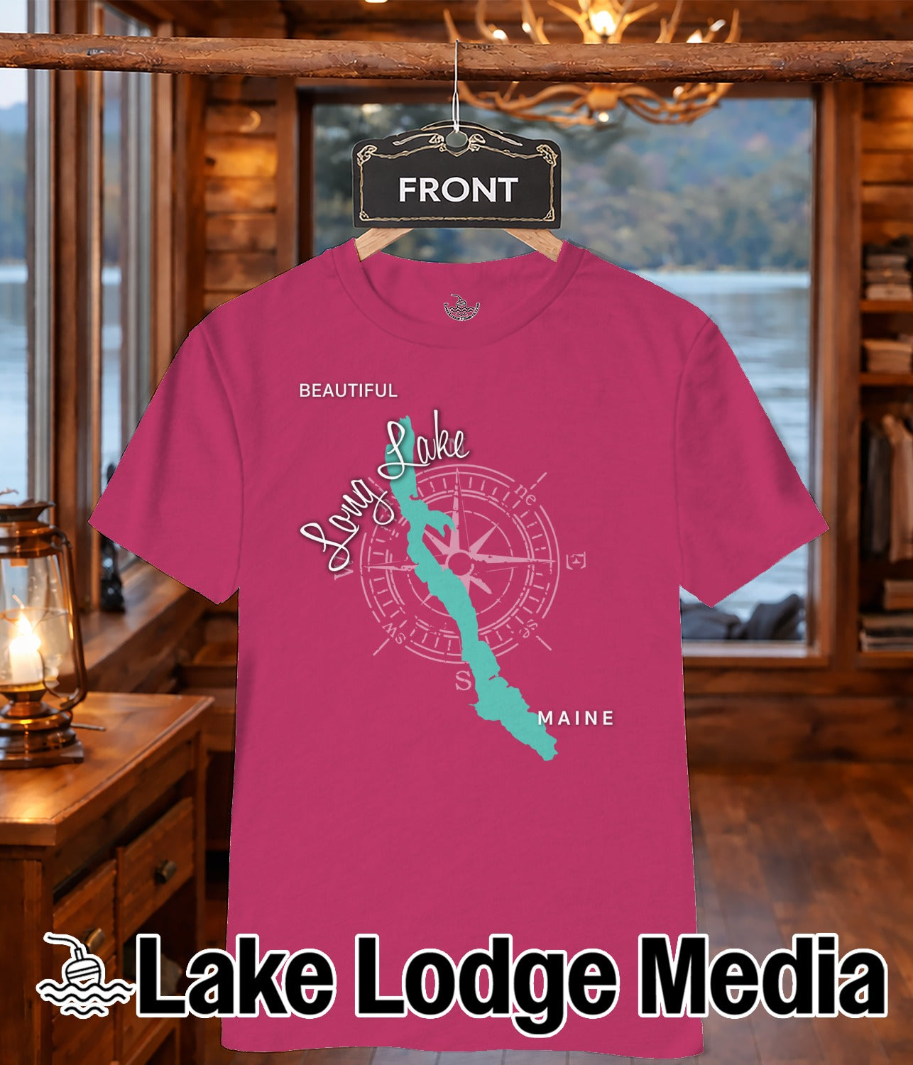 Magenta t-shirt with a compass rose and Long Lake map outline labeled Maine.