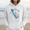 White hoodie featuring Cedar Creek Lake, Texas map and compass graphic.