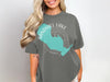 T-shirt with Sandhill Lake Wisconsin map and compass graphic.