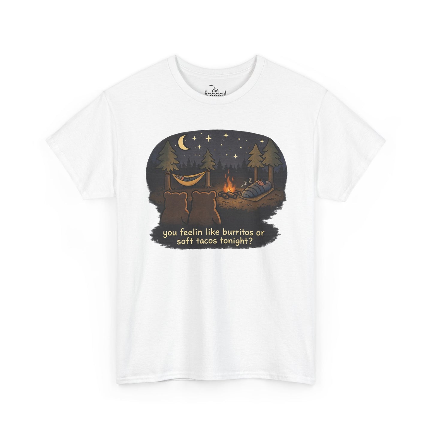 Campfire Bears Humor T-Shirt, People in Sleeping Bags are Bear Burritos and Tacos Joke, Camping Hiking Smores Bonfire Apparel