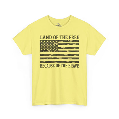 Land of the Free Because of the Brave T-Shirt | American Flag Tee | Patriotic Camo for Veterans and Fourth of July