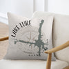 Throw pillow with Lake Lure North Carolina map design and compass rose.