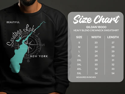 Saratoga Lake graphic on black sweatshirt with size chart for Gildan 18000 sweatshirt.