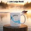 White mug with Lake Marion map and compass on a foggy lake background.