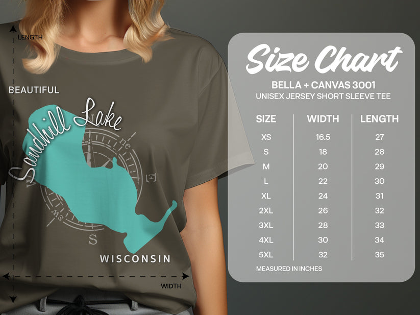 T-shirt size chart for Bella + Canvas 3001 Unisex Jersey Short Sleeve Tee.