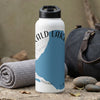 White water bottle with blue Emerald Lake map graphic and black lid.