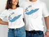White t-shirts featuring a blue map of Lake Erie and a compass rose design.