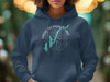 Navy blue hoodie with graphic of Great Sacandaga Lake, New York and compass.