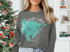 Gray sweatshirt with turquoise Big Sandy Lake Minnesota map graphic and compass rose.