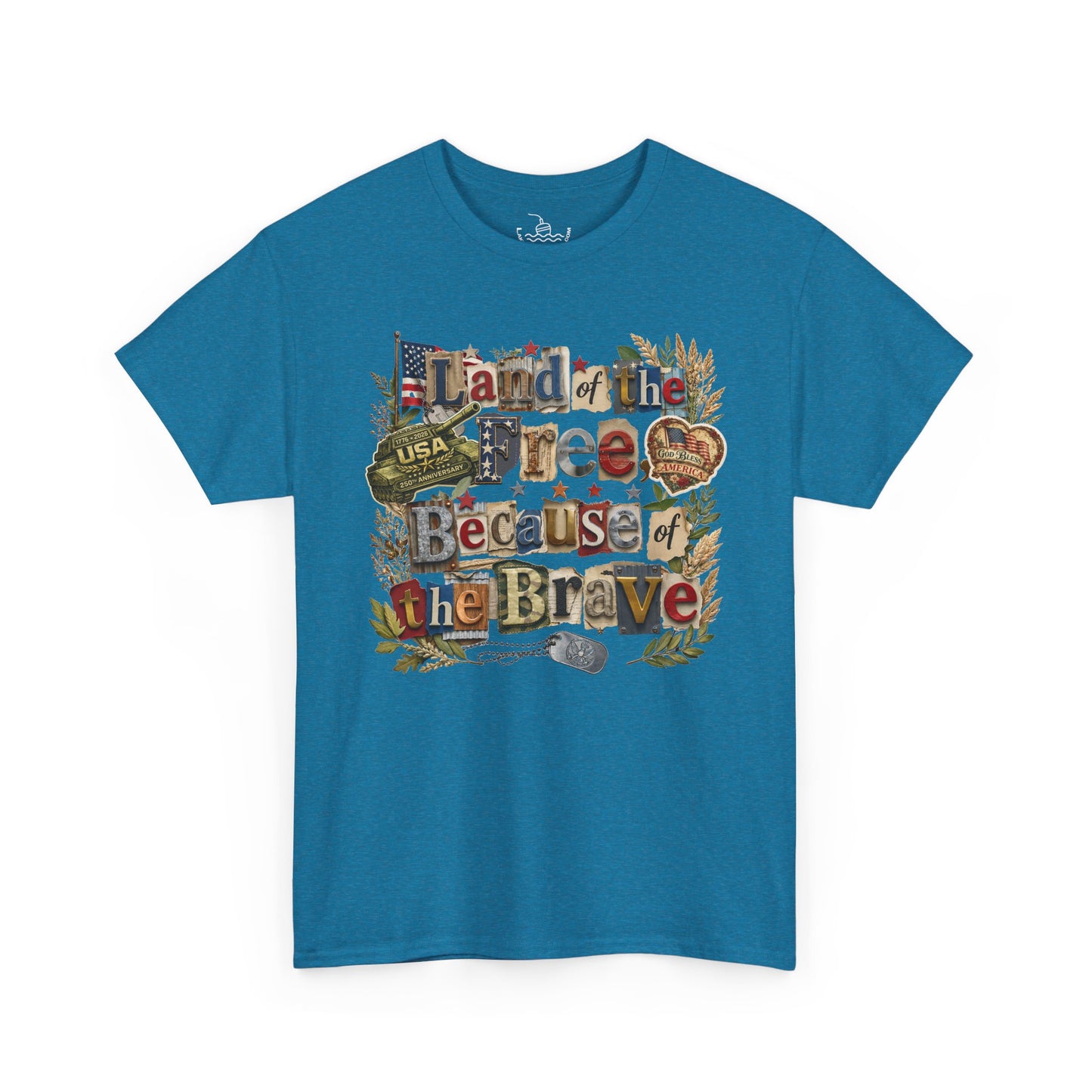 USA 250th Anniversary Land of the Free Because of the Brave T-Shirt | Patriotic Fourth of July Scrapbook Collage Design