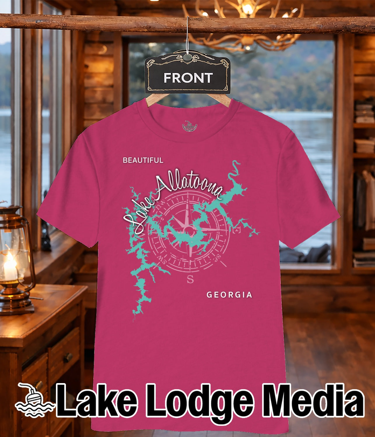 Pink t-shirt with "Lake Allatoona" map and compass graphic.