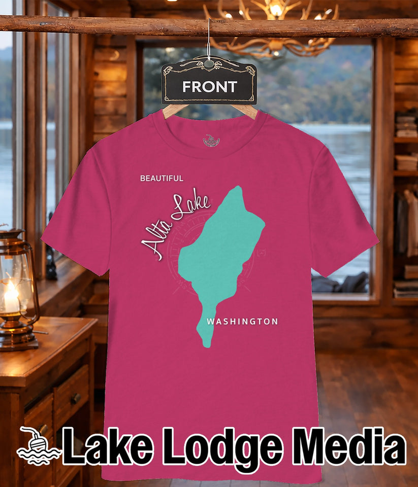Pink t-shirt with "Alta Lake" and "Washington" map graphic.