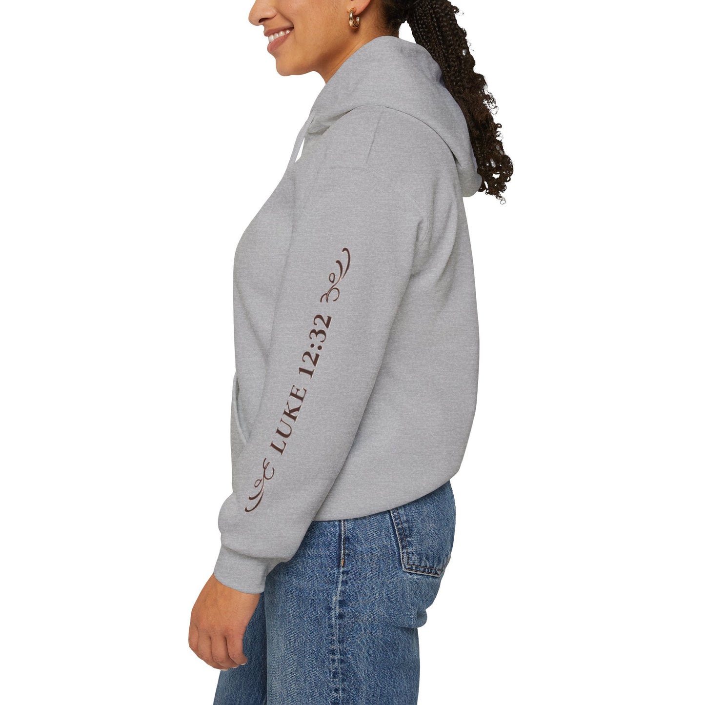 Fear Not Little Flock Hoodie with Printed Sleeves | Luke 12:32 Scripture Heart Design Bible Verse Gift | Share your faith