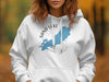 White hoodie with a blue Sand Lake Ontario map and compass design.