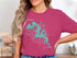 Woman wearing pink t-shirt with Evergreen Lake Illinois map design.