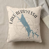 Pillow with a blue Lake Berryessa map and compass rose design.