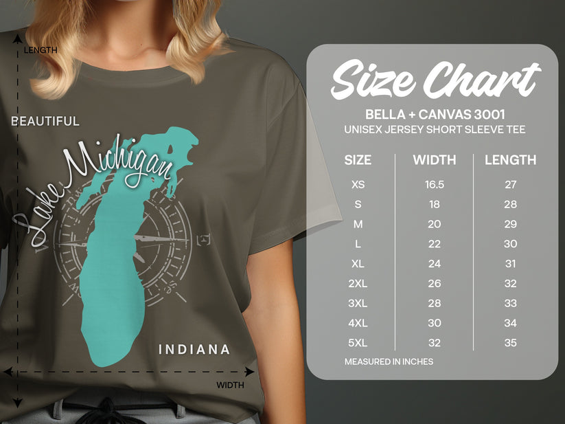 Lake Michigan map graphic on a t-shirt with a size chart.