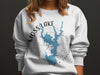White sweatshirt with blue Moss Lake map design with compass and "North Carolina" text.