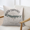 Pillow with "North Channel Michigan" text, a map silhouette, and compass rose.