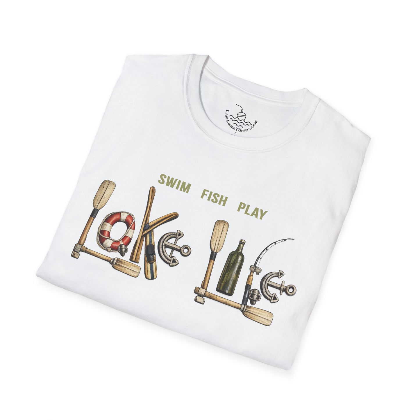 Lake Life T-Shirt | Boat Oars Life Preserver Anchor Letters Rustic Design | Fishing Water Skiing Gift Tee
