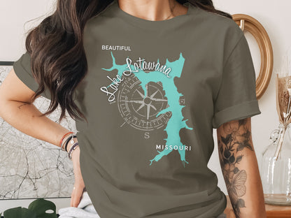T-shirt with a map of Lake Lotawana, Missouri and compass rose design.