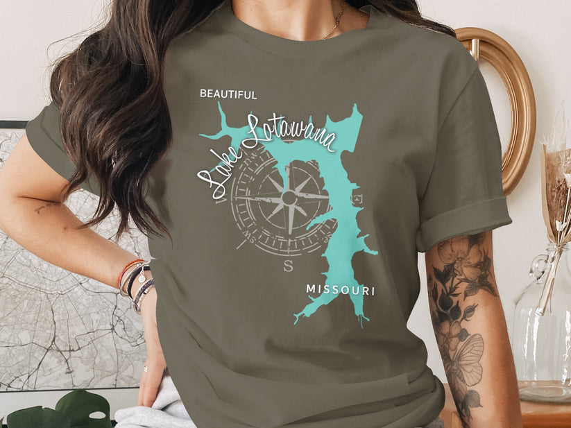 T-shirt with a map of Lake Lotawana, Missouri and compass rose design.