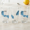 Three clear glasses featuring blue Forest Lake map and compass designs.