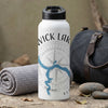 White water bottle with "NICK LAKE" text, compass, and lake graphic.