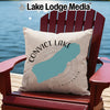 Tan pillow with Convict Lake, California map on Adirondack chair by water.