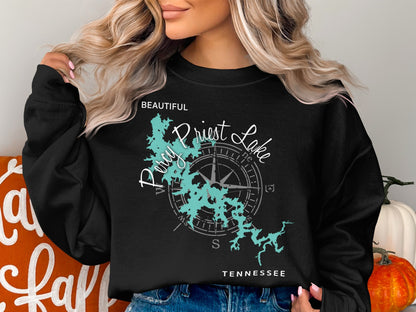 Black sweatshirt with Priest Lake map and compass graphic.