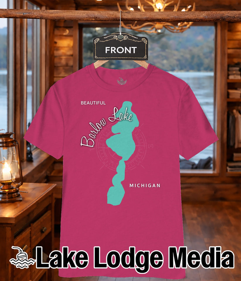 Pink t-shirt with turquoise Barlow Lake, Michigan graphic.