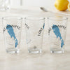 Three glasses with blue Lake Winnipeg map and compass design, and "Lake Winnipeg Manitoba" text.