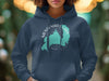 Navy hoodie with Mendenhall Lake Alaska map graphic and compass design.