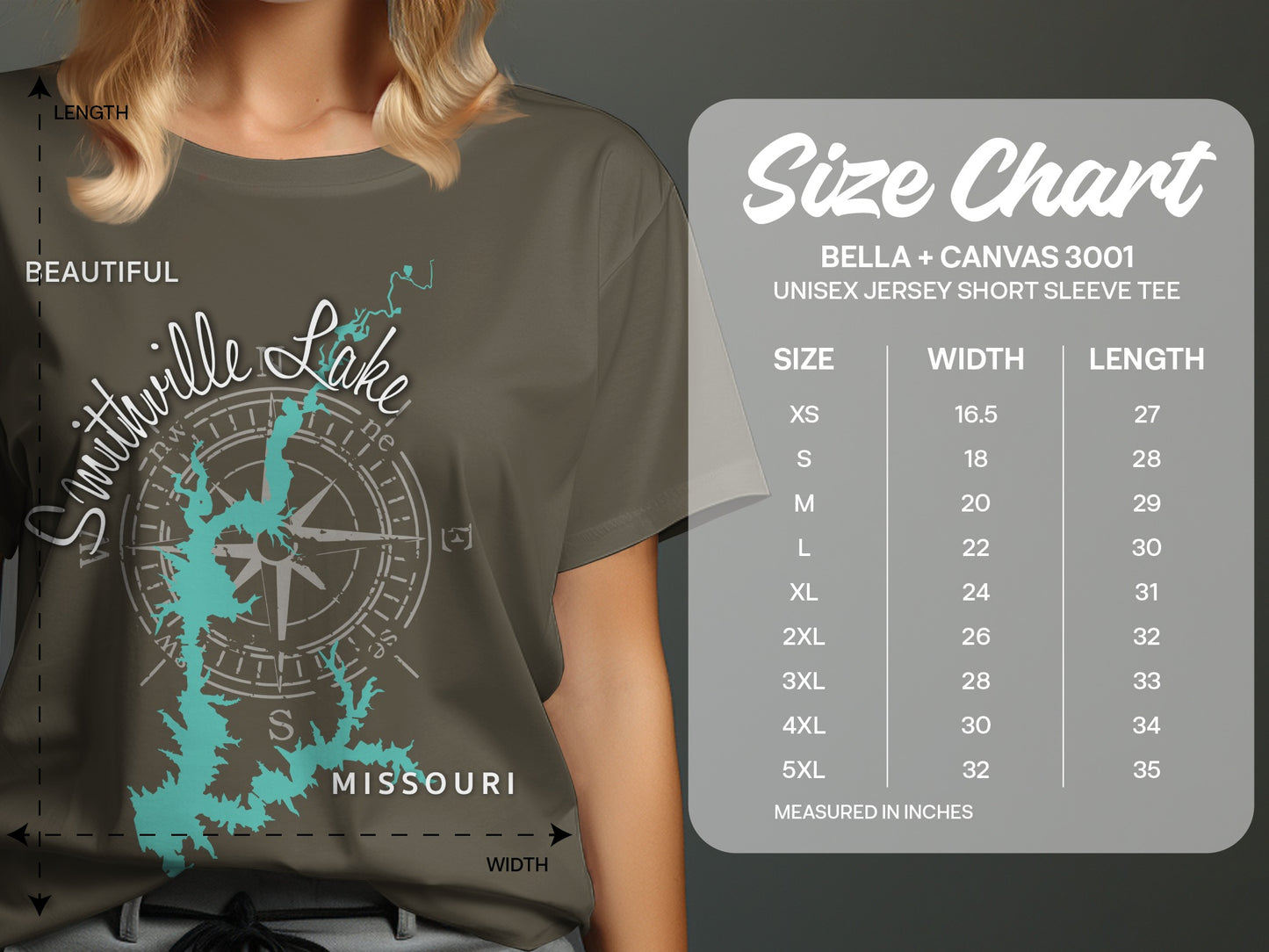 T-shirt size chart for BELLA + CANVAS 3001 with measurements.