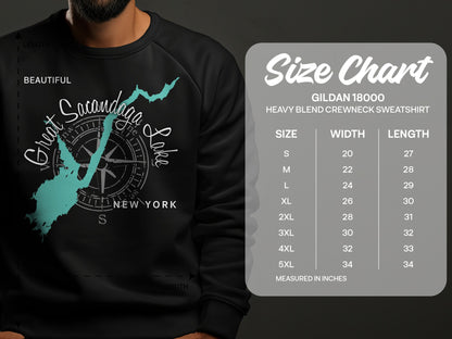 Crewneck sweatshirt with Sacandaga Lake map and size chart.