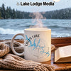 White mug with Falls Lake, North Carolina map and compass design.