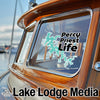 Boat window with "Percy Priest Life" sticker and "Lake Lodge Media" logo.
