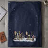 Duvet cover with navy blue background and embroidered snowflakes featuring a Christmas scene.