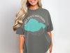 Dark gray t-shirt with turquoise Lake Pontchartrain graphic and "Louisiana" text.