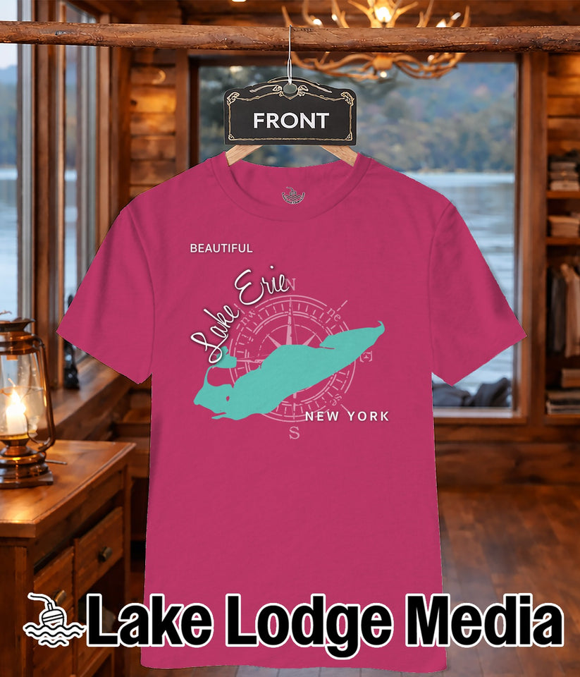 Pink t-shirt with Lake Erie map and compass graphic, "Lake Erie" text.