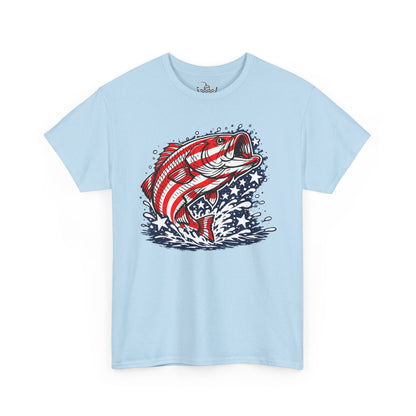Patriotic Bass Fishing Shirt | American Flag Pride Design on Largemouth Bass with Stars and Stripes Tee for Fourth of July